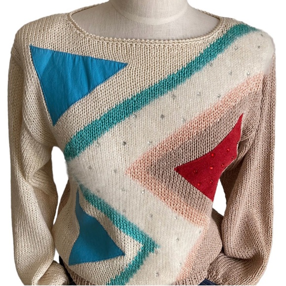 Vintage 80s Nannell Geometric Novelty Hand Knit Sweater Sz S - Picture 13 of 13